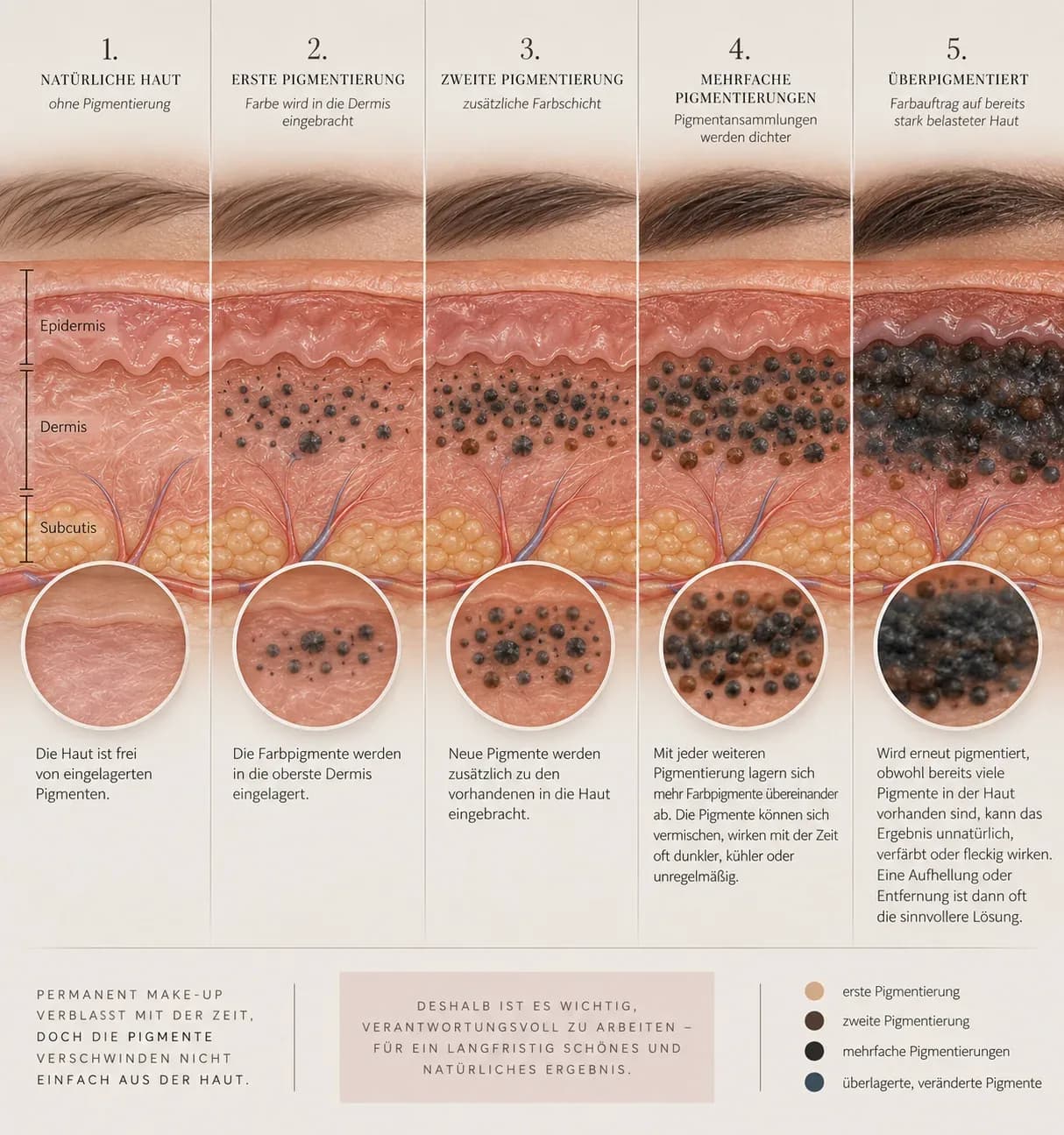 Grafik in fünf Stufen: von natürlicher Haut bis zu stark überpigmentierter Haut, jeweils im Querschnitt durch Epidermis, Dermis und Subcutis
